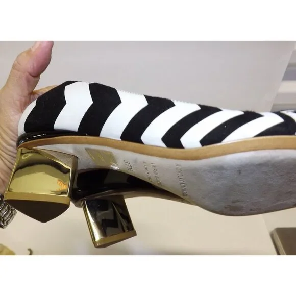 Nicholas Kirkwood Gold Prism Pump Chevron Point Toe Heel Black White Sz 7 ZigZag - Picture 9 of 12